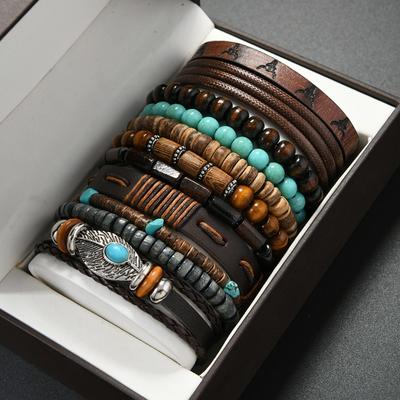 Neue Kokosnussschalen-Holzperlen Perlen Weiche Keramik Perle Stein Leder Herren- und Damenarmbänder Armbänder 11-teiliges Set