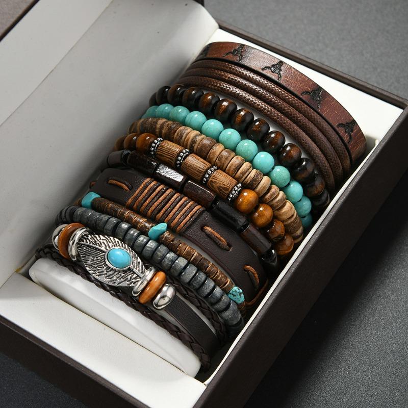 Brățări Noi cu Mărgele din Lemn de Coajă de Nucă de Cocos, cu Mărgele din Lut Moale, Piatră de Perlă, Piele, pentru Bărbați și Femei, Set de 11 Piese