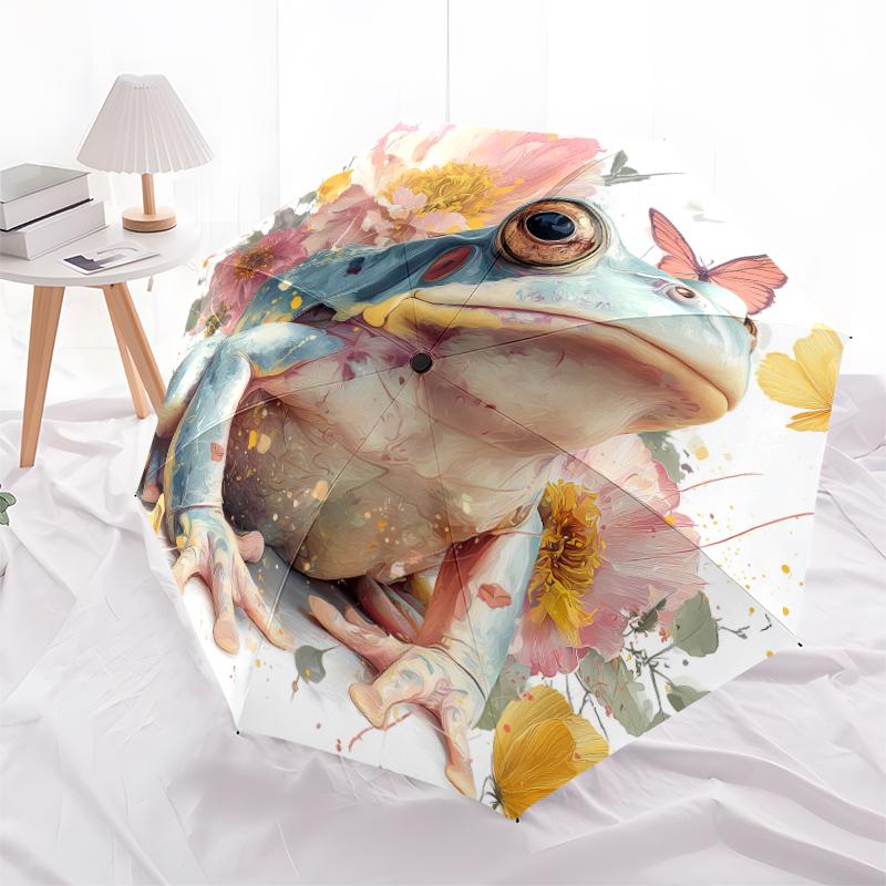 Frog and Flowers pattern, automatic folding umbrella, portable and foldable design, 8 ribs, a Christmas or birthday gift.