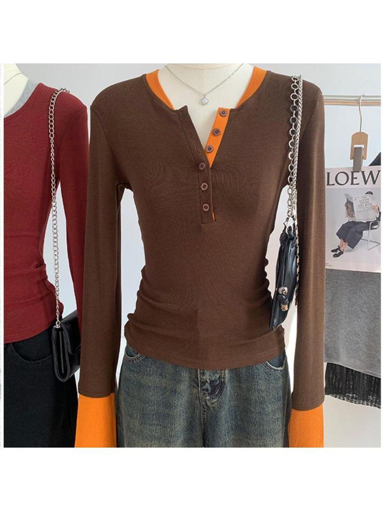 Stylish Contrast Color Faux Two-Piece Long-Sleeve Top for Women