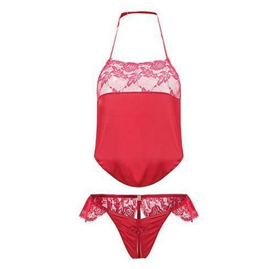 2 Pcs/Set Women Underwear Set Retro Lace Shirring Lace-up Halter Neck Backless Open Crotch Solid Color Seductive Nightie Honeymoon Bedroom Intimate