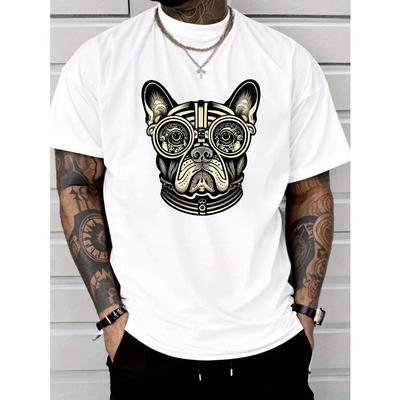 European Size Men's Casual Short Sleeve T-Shirt with French Bulldog & Goggles Graphic Print - , Lightweight,Regular Fit Round Neck