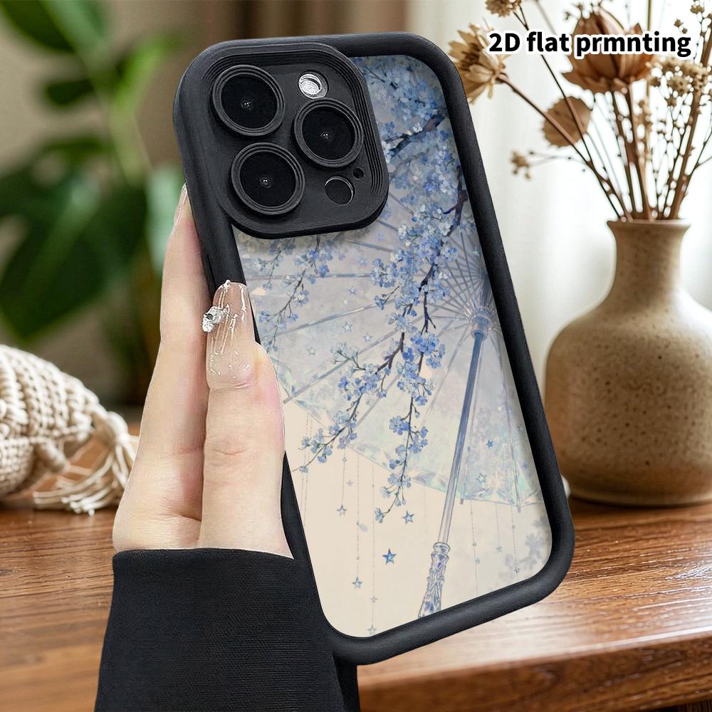 Phone Case: 2D flat design suitable for iPhone 18 17 16 15 14 13 Pro stepped protective case, Star Umbrella and Blue Flower, Christmas and Halloween g