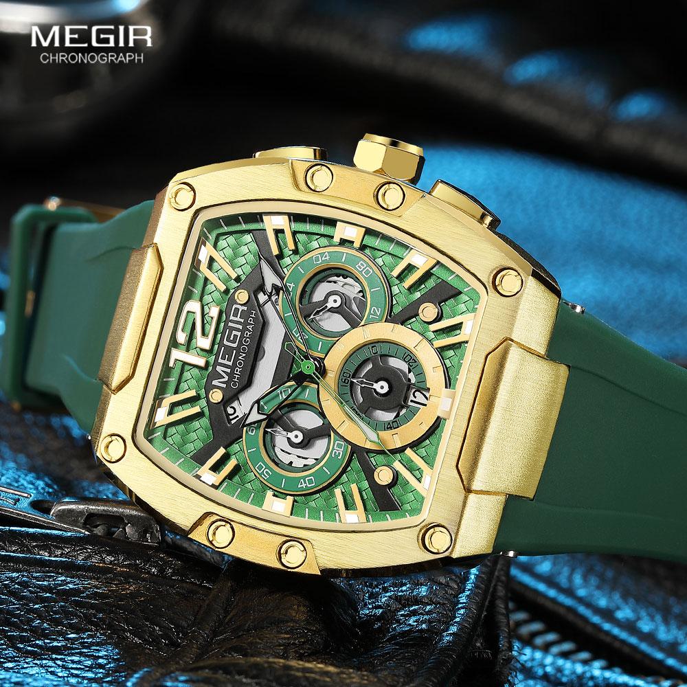 Megir Quartz Watch for Men Waterproof Silicone Strap Fashion Tonneau Case Chronograph Sport Wristwatch with Date Luminous Hands