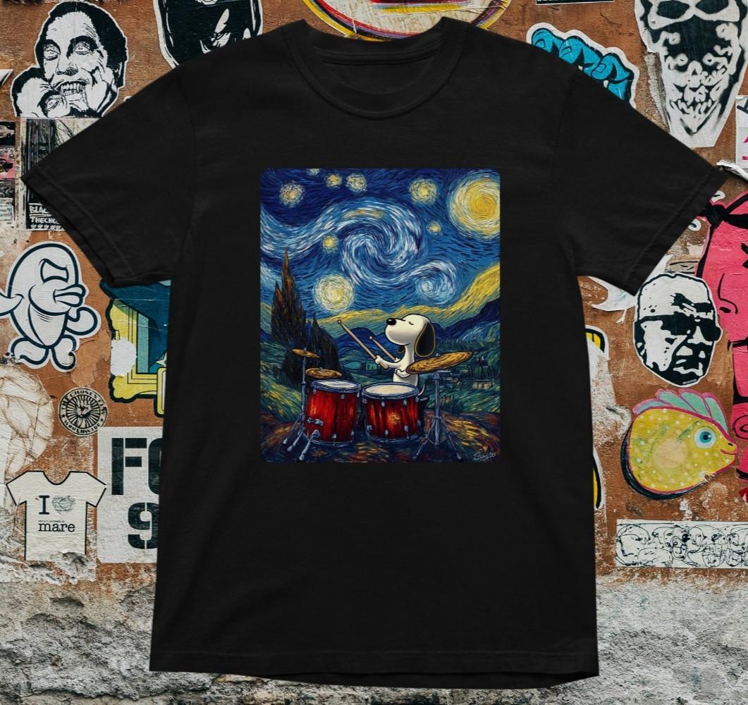 Starry Night Drummer Dog T Shirt – Funny Art Parody Van Gogh Inspired Cute Gift S
