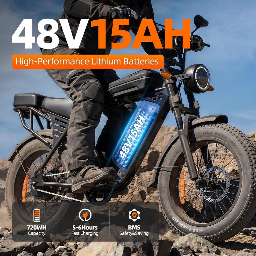 Aairsk Elektrofahrrad für Erwachsene, 20x4" Fat Tire, 48V 15Ah abnehmbarer Akku, 25km/h E-Mountainbike NFC