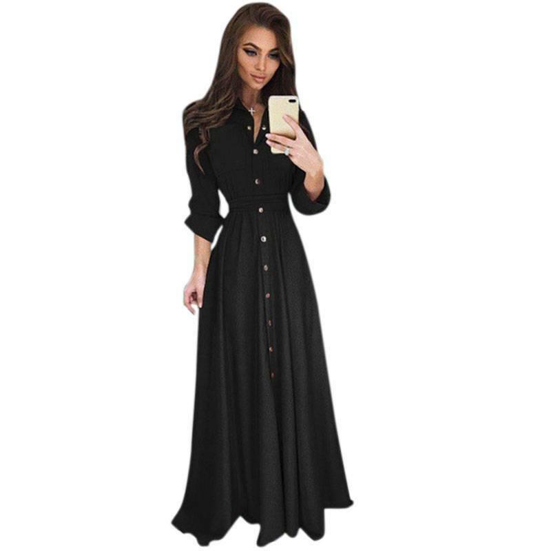 Womens Maxi Dress Long Sleeve Button Down Evening Party Cocktail Shirt Dresses