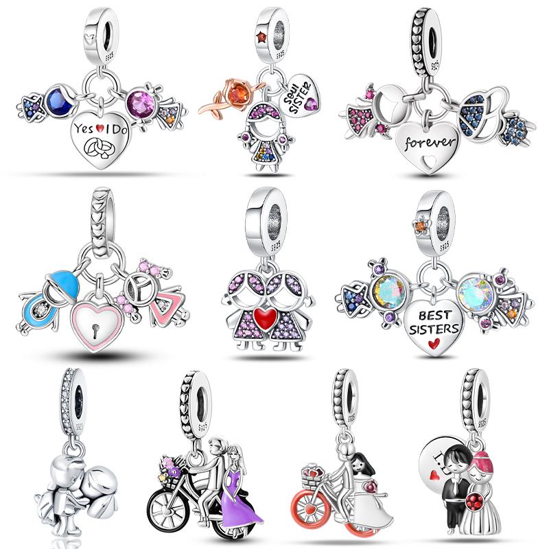 Copper Couple Character Pendant Fit Pandach Original Diy Bracelets Charm Beads Anniversary Birthday Gift Luxury Fine Jewelry