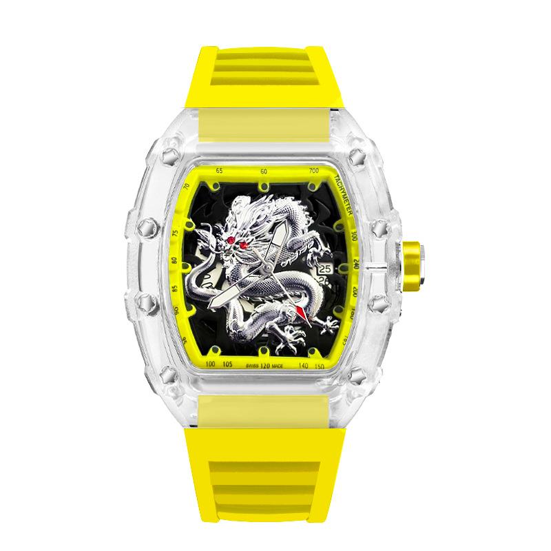 Domineering High-Value Fashion Trend Luminous Waterproof Wine Barrel-Shaped Men'S Watch Silver Dragon