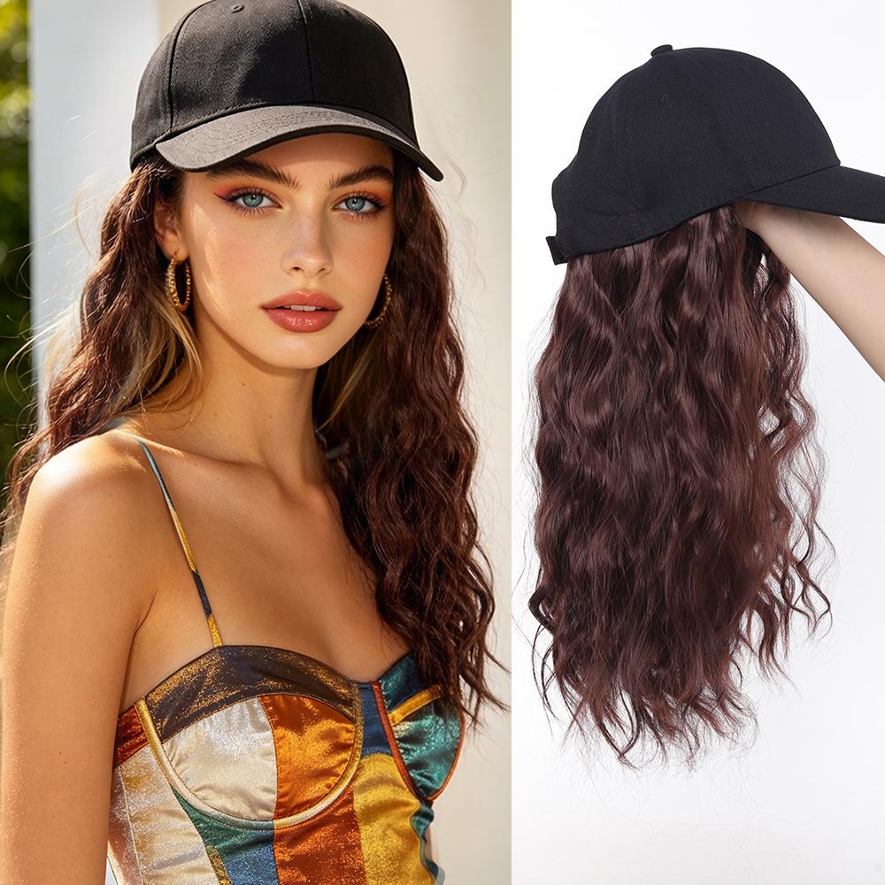 Synthetic Wig Hat with Natural Wave Hair Extensions Attached for Woman Baseball Cap Wig Black Curly Wavy Hairstyle Adjustable