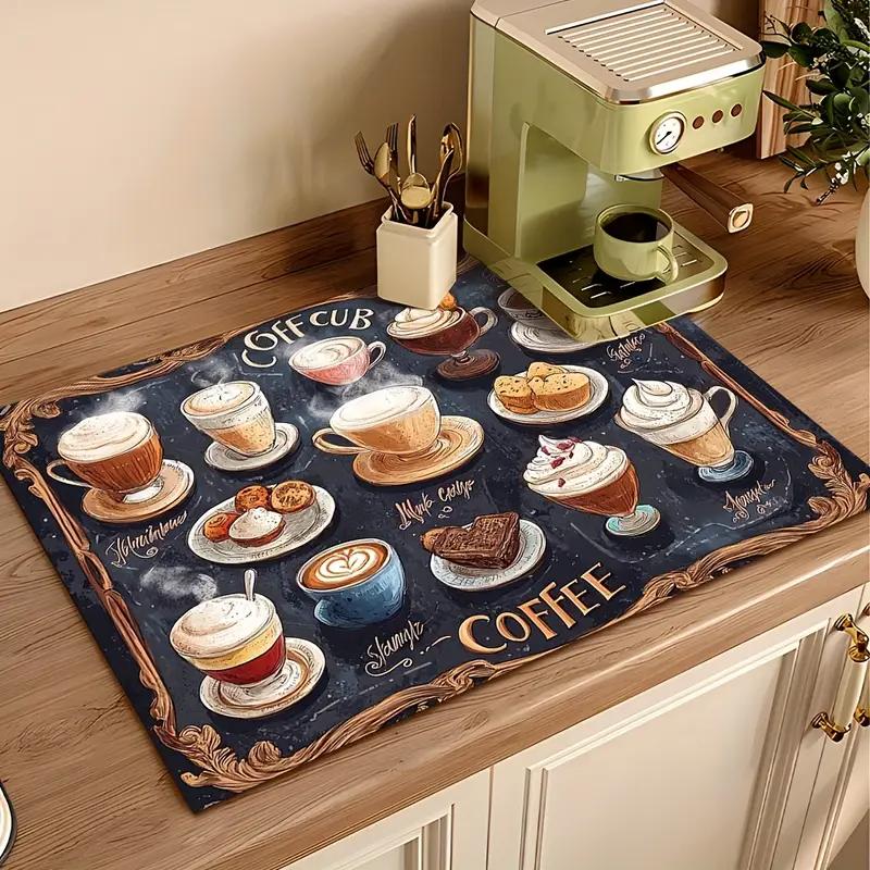 Coffee Machine Mat, Hand-Painted Style Coffee Cup Pattern Desktop Decoration Mat - Absorbent, Home Decoration