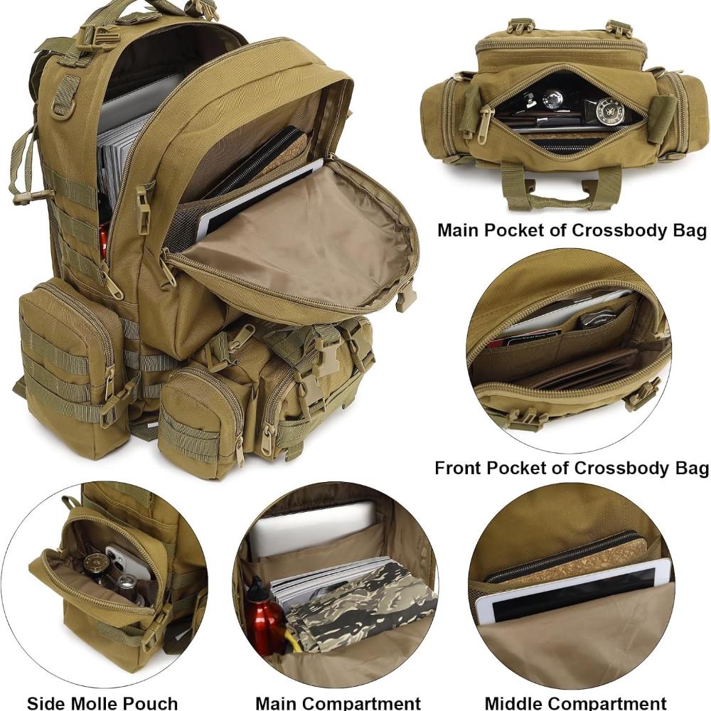 Tactical Backpack for Men Women, Large Waterproof Military Backpack Detachable Molle Backpack Army Assault Pack (Khaki)