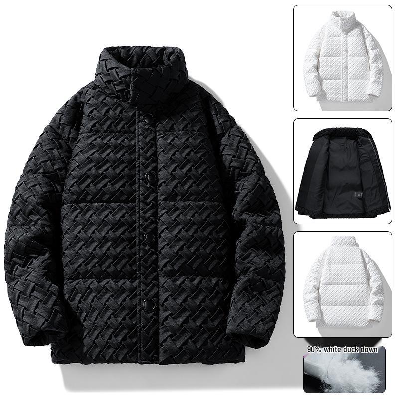 Men's Guochao Woven Down Jacket: High-End Winter Streetwear with 90% White Duck Down, Cool Design for Couples.