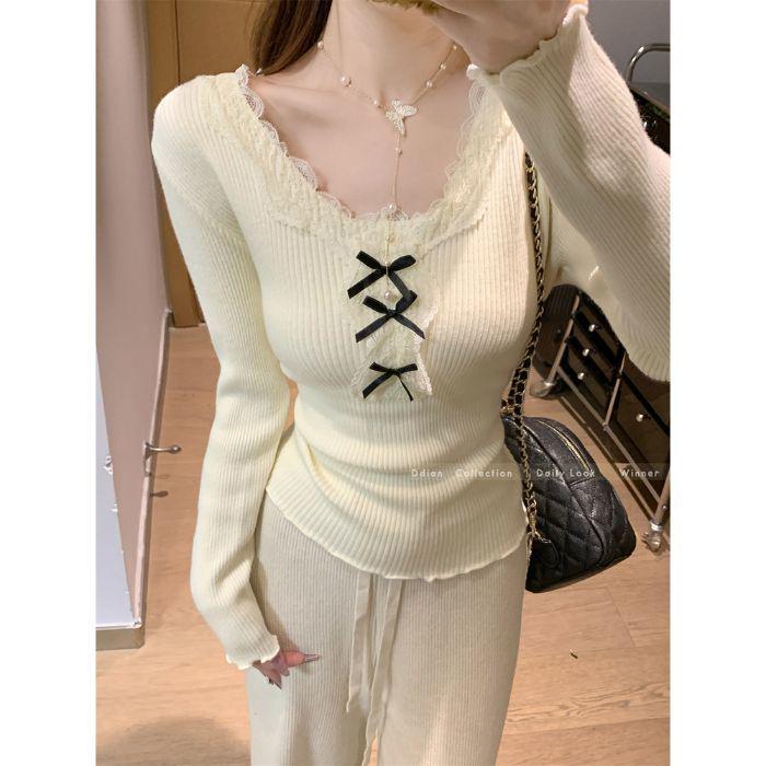 Korean Lace Patchwork Knitted Slim-fit Sweater for Women - 2025 Autumn/Winter Trendy Top