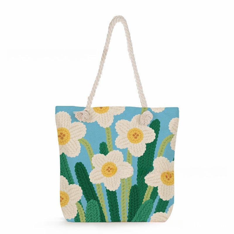 Woolen yarn flowers print thick rope single-shoulder beach bag 7361