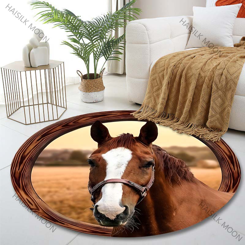 

Multiple sizes Horse with round wooden frame Print Round Carpet Living Room Bedroom Table Chair Sofa Decorative Carpet Diameter -60cm