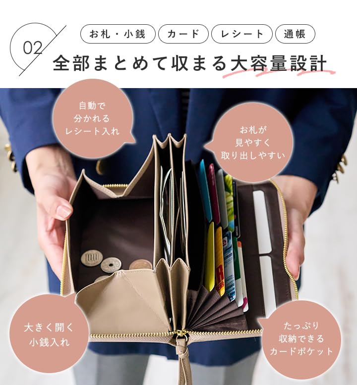 Lizdays Faux Leather Long Wallet with Automatic Receipt and Coin Skimming and Women's Separation, Prevention, Coin-Through (Gray Beige)