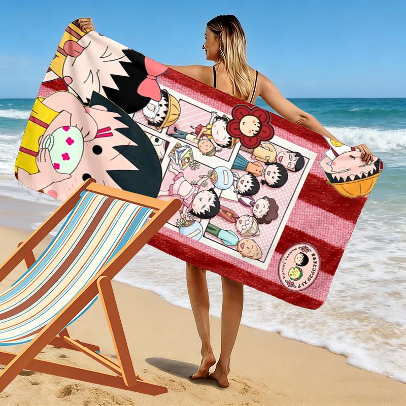 Chibi Maruko-chan Print Beach Towel, Large Soft Quick Dry Towel for Beach Camping Swimming