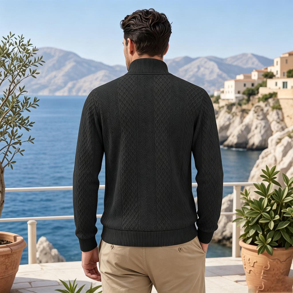 Herren Freizeit Pullover mit halbem Reißverschluss, Stehkragen, langen Ärmeln und Leder-Reißverschlussschieber