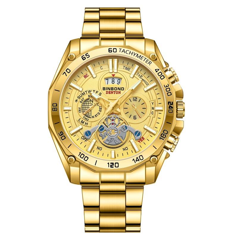 BINBOND luminous trend student watch men's tourbillon gift steel belt three eyes six needles decorative watch