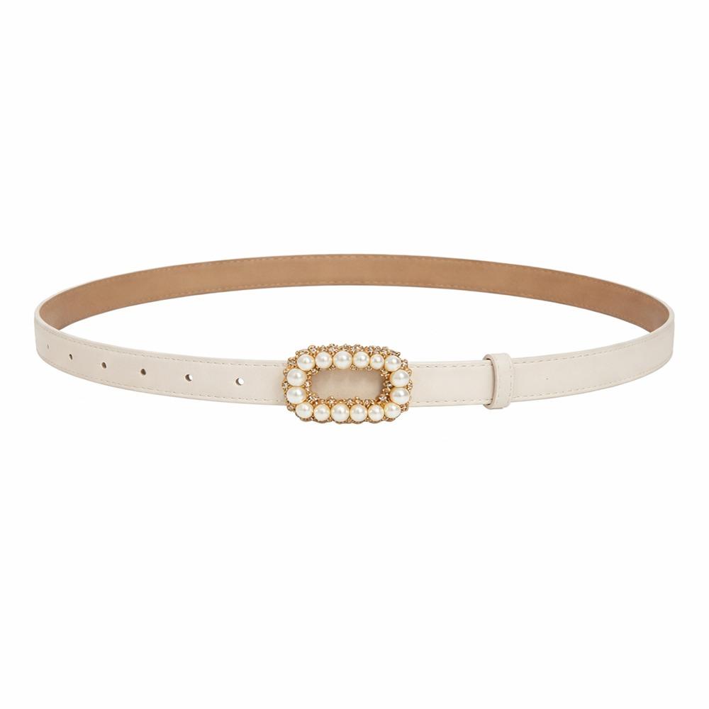 

Rhinestone Pearl Decorated Women s Waist Belt Single Circle Pin Buckle Black White Waistband Thin Waist Strap Dress Accessory біле золото кольору
