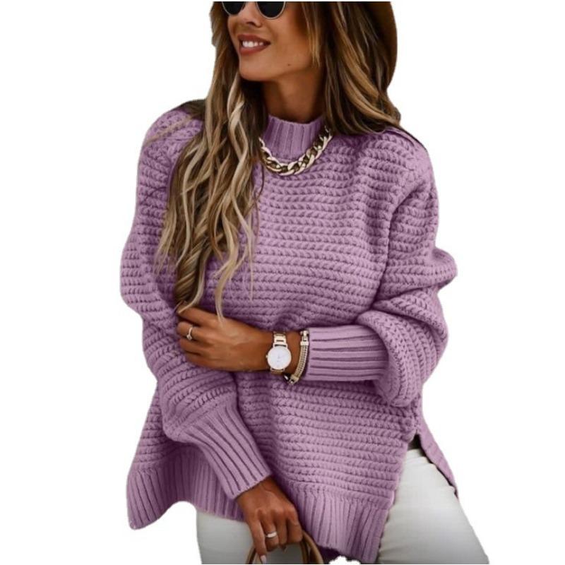 Autumn Half-high Collar Loose Solid Color Long-sleeved Side Slit Knitted Sweater Women