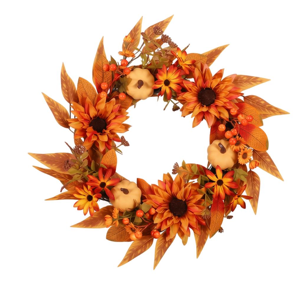 Autumn Harvest Pumpkin Wreath with Artificial Sunflowers and Daisies Home Door Hanging Decoration Fall Front Door Wreath