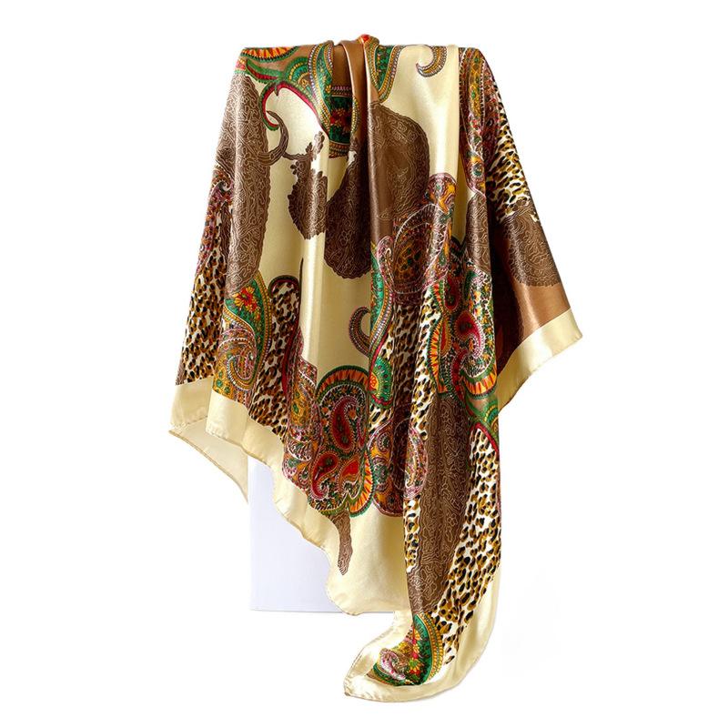 Premium champagne leopard print splicing printing 91CM square scarf women's scarf retro women's headscarf silk scarf