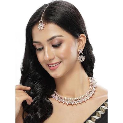 Detailed Rose Gold Plated Stone Floral Collar Bone Necklace Set With Earring And Maangtika | Jewellery Set For Women