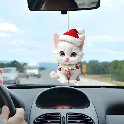 Cat Kitten Pendant with Hat Car Rearview Mirror Hanging Ornament Decor Acrylic Cartoon Car Interior Decoration Christmas Gift