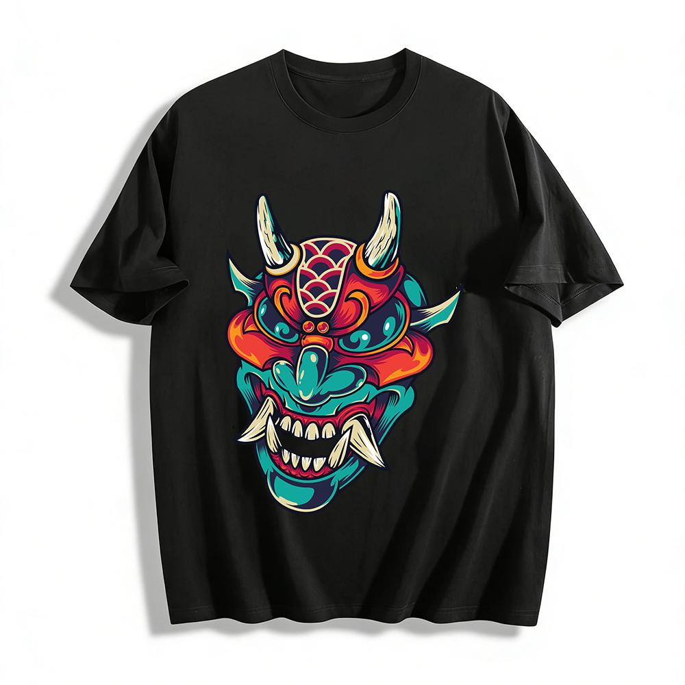 Japanese Traditional Hannya Mask Print Vintage Trendy Casual T-Shirt Pure cotton T-shirt XXS
