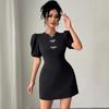 In Stock Women Round Neck Hollow Out Crystal Bow Puff Sleeve Waist Dress Women Mature Style French Retro Patchwork Slim Sexy Elegant Women Maxi Dress