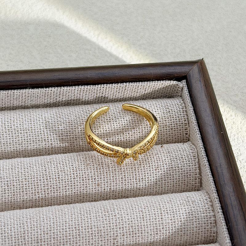 Medieval Vintage Micro-Inlaid Zircon Bow Open Ring Women'S Retro Light Luxury Niche High-End Index Finger Ring