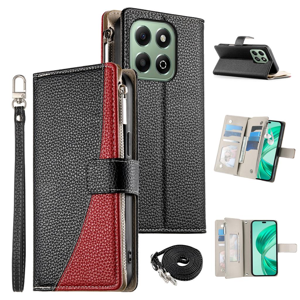 For Honor X6b 4G Case Zipper Wallet Color Splicing Leather Flip Phone Cover with Straps
