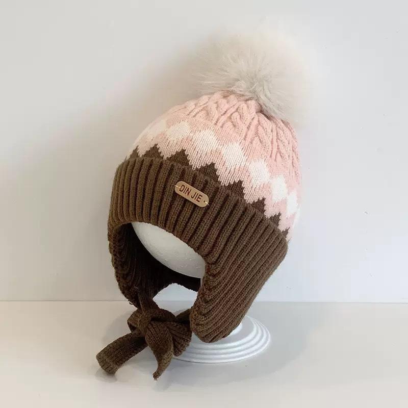 New Children's Rhombus Jacquard Knitted Ear Protection Hat for Boys and Girls' Babies Autumn and Winter Fleece Warm Hat