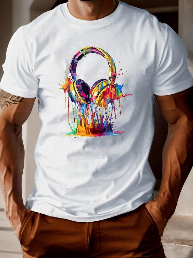 Men's T-Shirt Music Headphone Print Short Sleeve T-Shirt Lightweight Breathable Fabric Weekend Outfit Modern Style Men Clothes