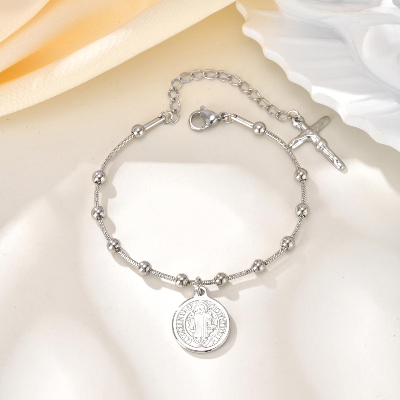 

Holy Women s Saint Benedict Rosary Bracelets,Stainless Steel Religious Prayer Cross Bracelet,Round Snake Beaded Chain Jewelry