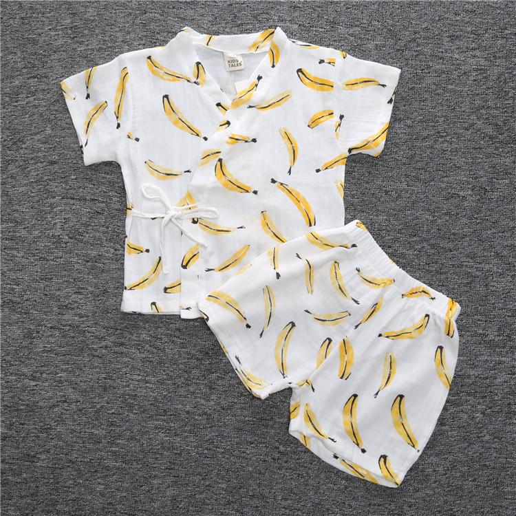 Kids Summer Lightweight Short Sleeve Double Gauze Pajama Set with Fruit Print and Wrap Tie Closure 110