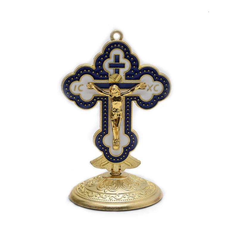 Новая статуэтка распятия Металлический Христос на подставке Настольный крест с подставкой для молитв Домашняя часовня Церковь синий