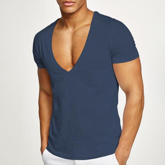 Men T-shirt Deep V Neck Solid Color Slim Fit Pullover Thin Workout Sweat Absorption Mid Length Sports Top Men Clothes