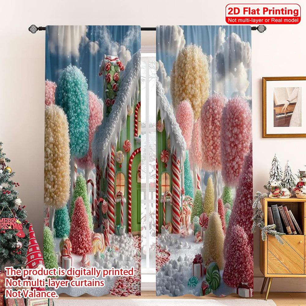 

Set Of 2 Flat Printing Merry Christmas Popular Window Drapes Candy House Snow Scenery Versatile Polyester Without Electricity Curtain W100*H70(CM)-Rod Pocket&1PCS