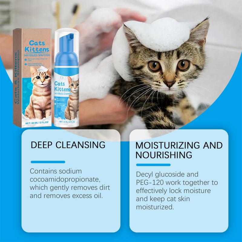Cat Shampoo Waterless Cat Shampoo Licking Safe Dry Shampoo 60ml Gentle Foam Shampoo for Cats Deep Cleansing Relieves Itchy Skin