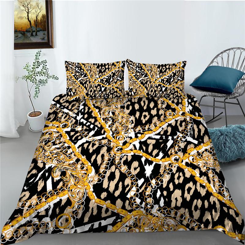Bettbezug-Set mit Leopardenmuster, Mikrofaser, europäischer Retro-Klassiker, Druck, Doppelbett-Bettbezug mit Leopardenmuster und Goldkette, Kingsize