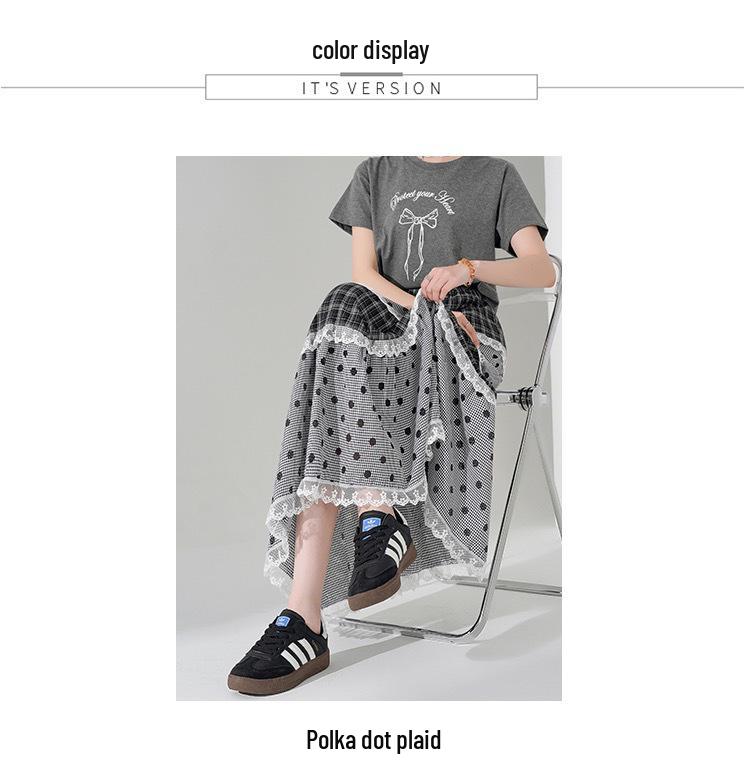 Jupe Midi en Dentelle à Pois Japonais: Ligne A, Étages, Doux, Style Collège pour la Garde-robe d'Été des Femmes