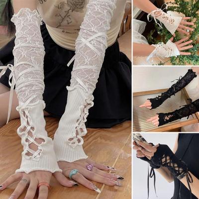 Damen Retro Fingerlose Handschuhe Gothic Spitze Armstulpen mit Bändern Rüschenspitze zum Schnüren