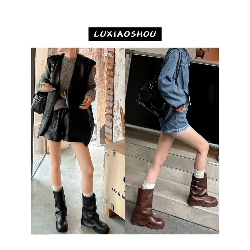Cowhide version thick-soled Martin boots women's retro western cowboy boots metal buckle thick heel medium tube pants tube boots square head 