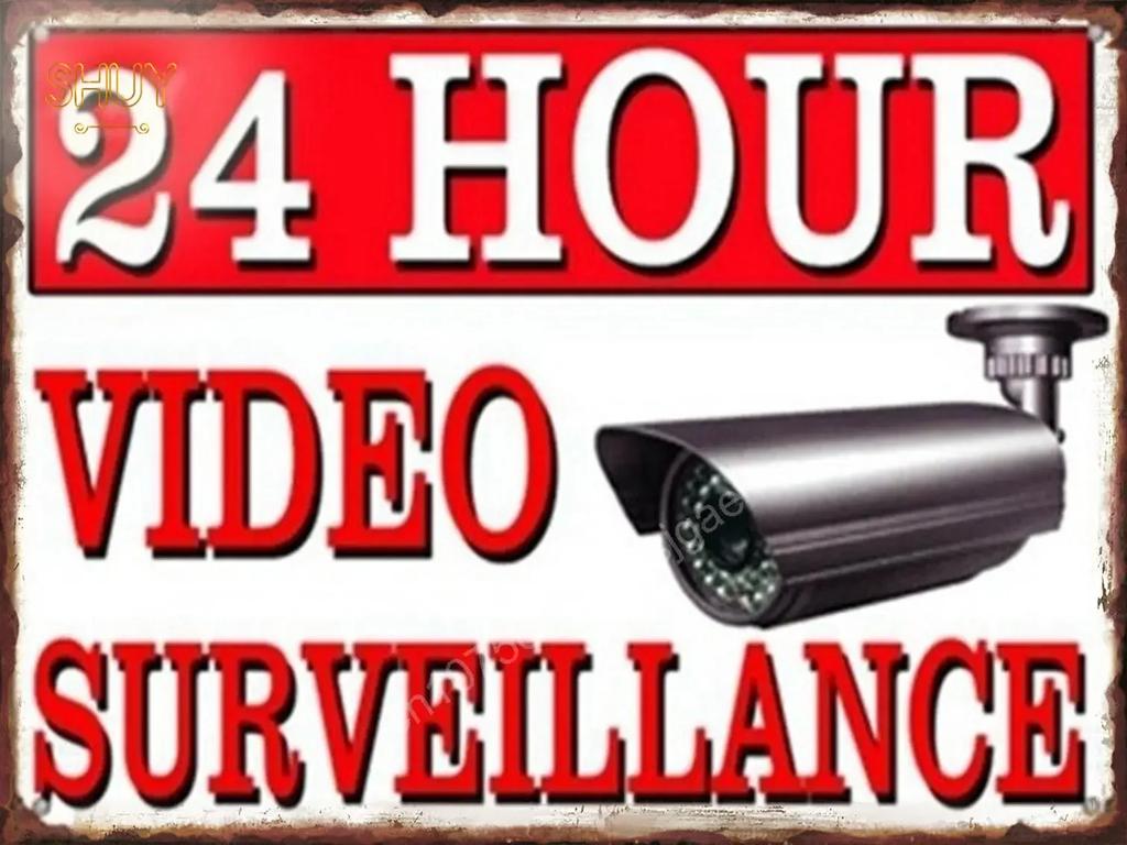 Retro Metal Tin Sign S Warning Red 24 Hour Video Surveillance Custom Painting Picture for Shop Bar Cafe English &Spanish Word