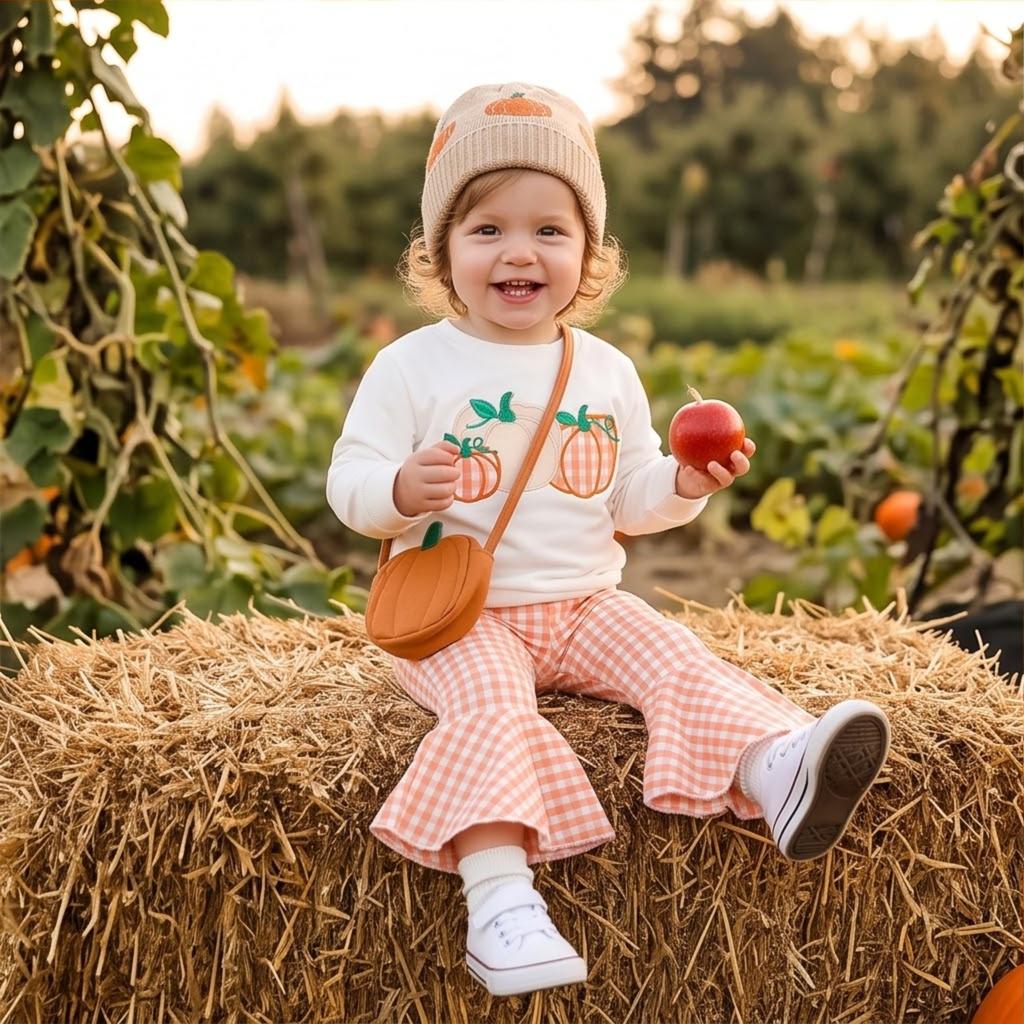 Baby Mädchen Halloween Kürbis Stickerei Pullover Rundhals Langarm Sweatshirt mit Elastischer Taille Schlaghosen Set