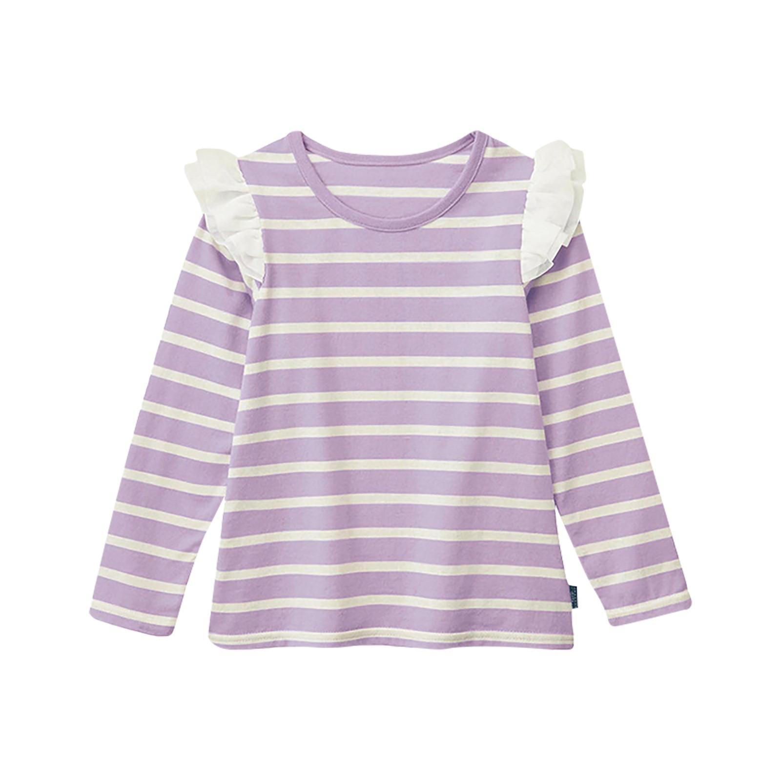 

Детская футболка с длинным рукавом и оборками для девочек, блузка в сплошную полоску, простые футболки, простая рубашка 120 фиолетовый