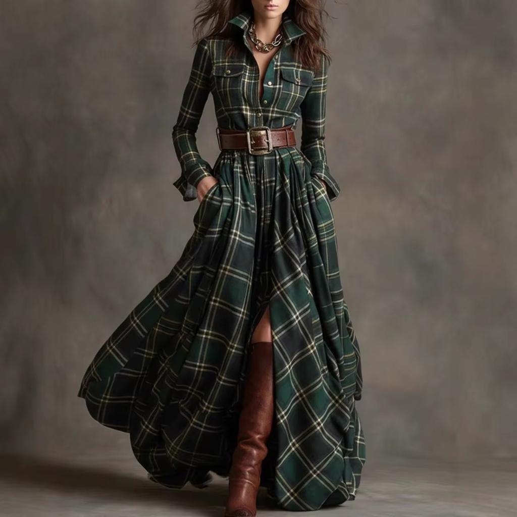 LYRIA French Women's Plaid Dress Shirt Button Cardigan Lapel Fashion Belt Pocket Irregular Design A-line Long Skirt for Female